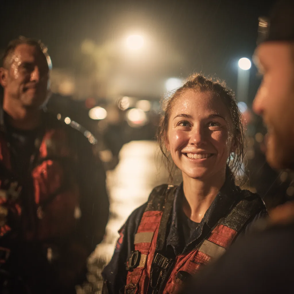 Disaster response crew at a flood-lit recovery site at night