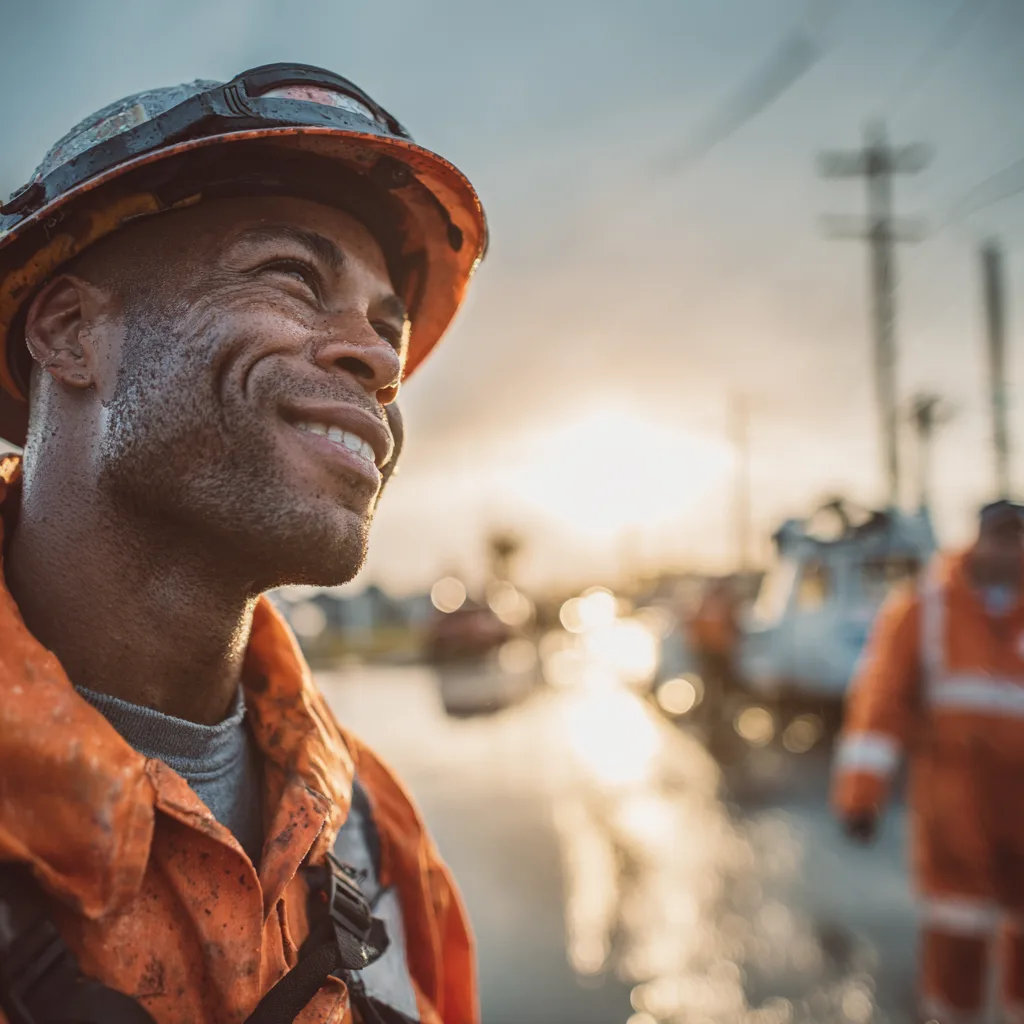 Field crew member at a storm-restoration site at sunset