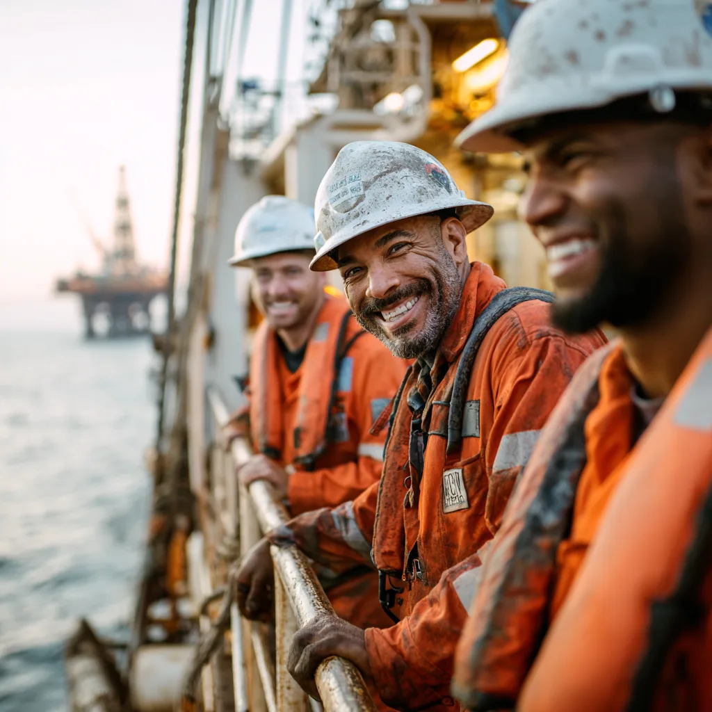 Offshore crew in coveralls on a platform deck, rig on the horizon