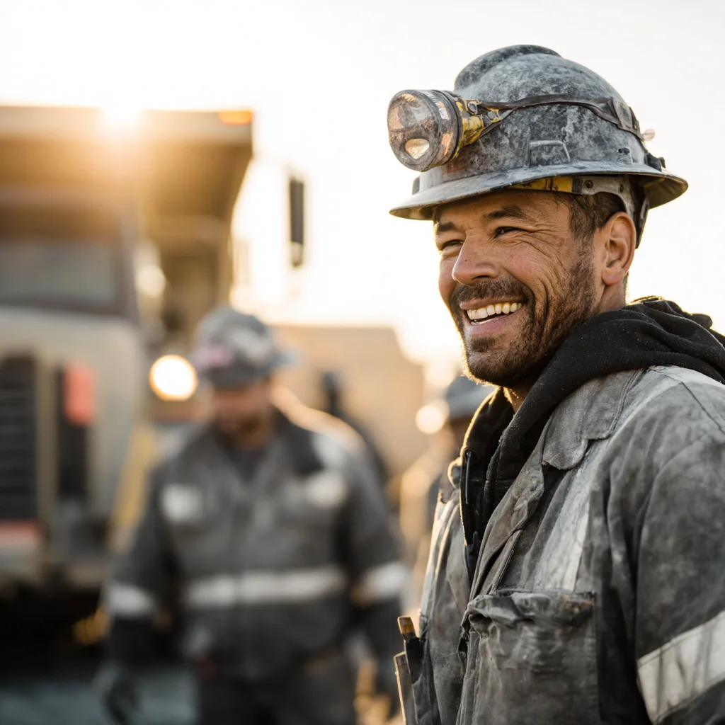 Mining crew member by a haul truck at sunset