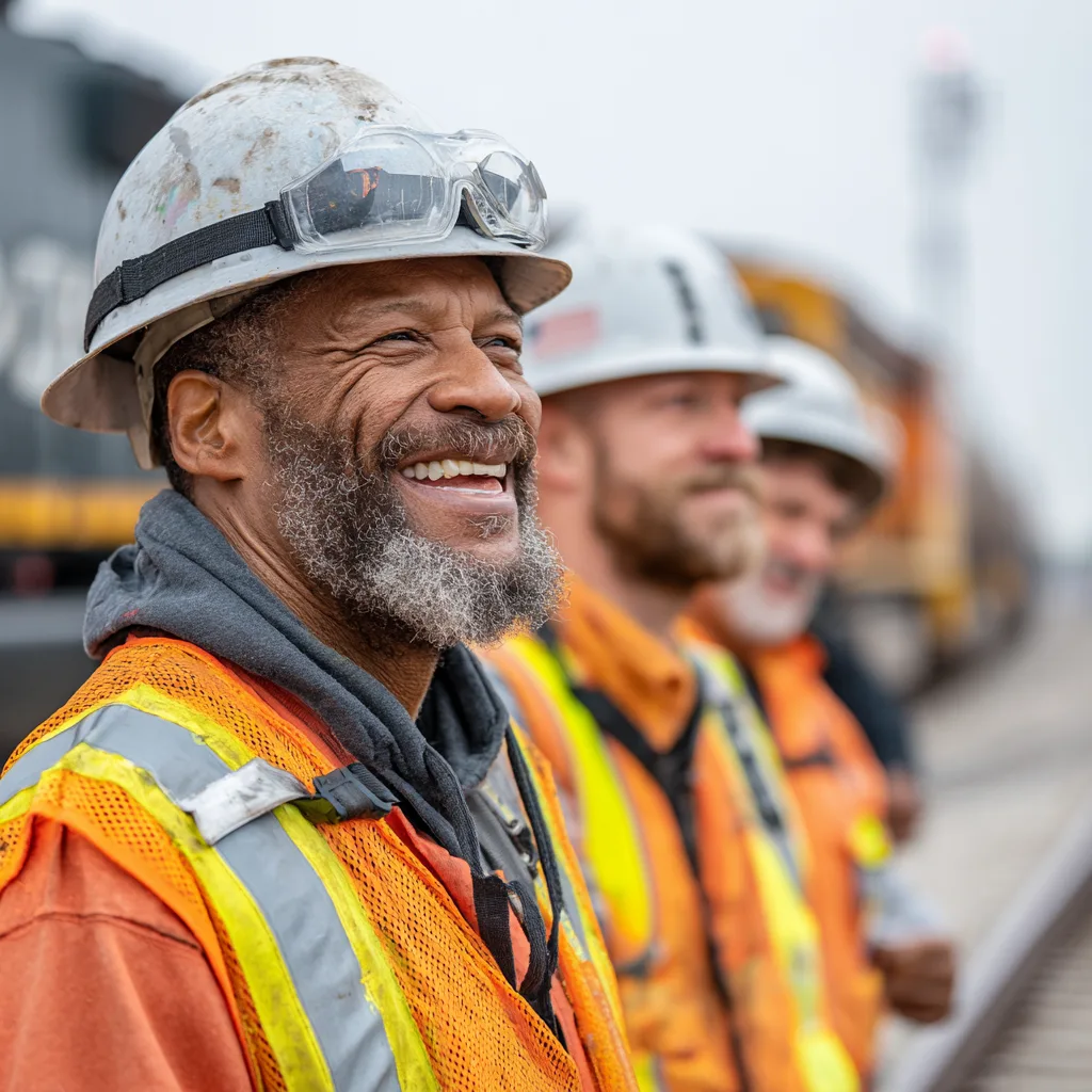 Railway crew beside a locomotive