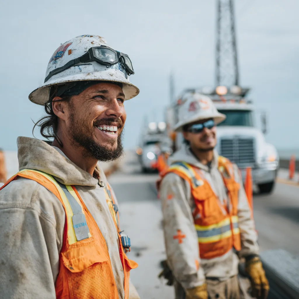 Power crew beside utility trucks