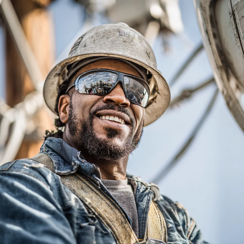 Telecommunications field technician below a tower